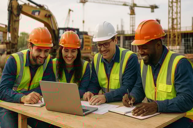 A group of construction workers dressed in hard hats and highvisibility vests gather around a laptop on a makeshift table at a job site With smiles on their faces they eagerly discuss plans and specifications displayed on the screen jotting down impo-2