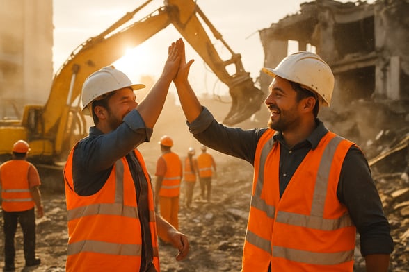 On a site two contractors stand amidst the contractors and field workers their hard hats slightly askew sharing a triumphant high five Dust dances in the golden afternoon light as the sun casts long shadows over the debris Their expressions radiate j-3
