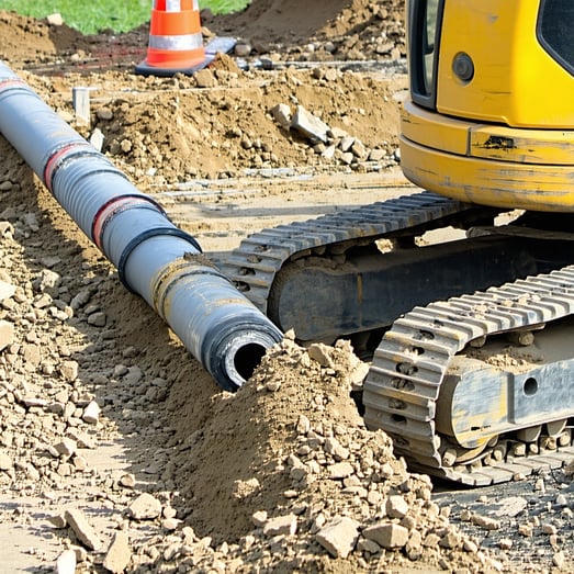 Close-up of underground utility pipe installation representing real-world sewer and stormwater construction jobs