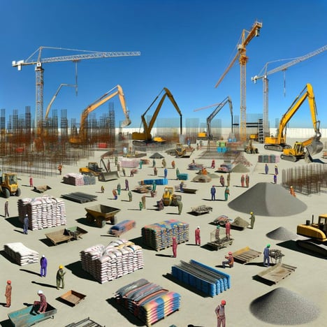 realistic image of a heavy construction site with staged materials