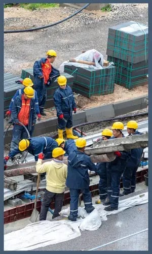 Concrete contractors working on a commercial construction site, reinforcing rebar and pouring concrete for a structural foundation.
