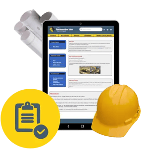 Field Link (FL) on tablet with a hard hat and plans