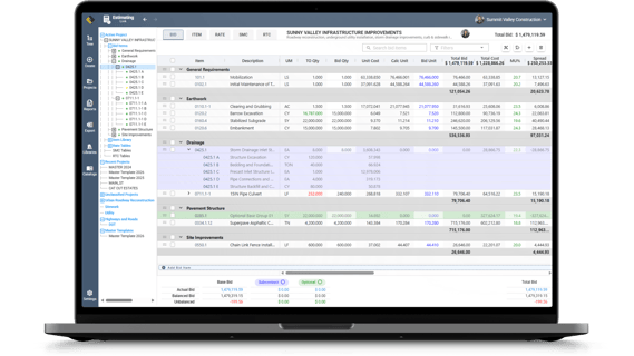 EL4 web-native heavy civil estimating software displaying a construction bid sheet with production rates, bid items, and cost calculations
