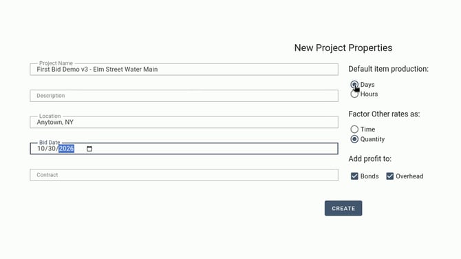EL4 New Project Properties window with the Elm Street Water Main project, Anytown, NY, and Default item production set to Days