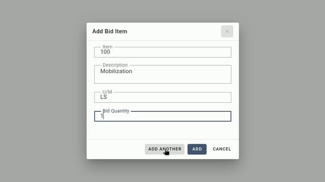 EL4 Add Bid Item window with item 100 Mobilization, unit LS, bid quantity 1, and the Add Another and Add buttons