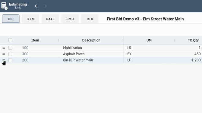 EL4 Bid tab grid with item 200 8in DIP Water Main being dragged by its row handle