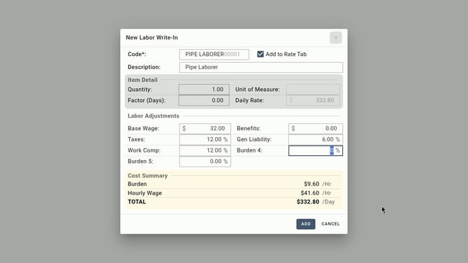 EL4 New Labor Write-In window for a pipe laborer: base wage $32.00, taxes 12%, workers' comp 12%, general liability 6%, total $332.80 per day, Add to Rate Tab checked