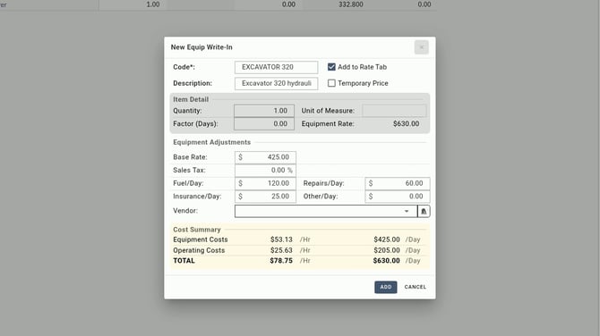 EL4 New Equip Write-In window for an Excavator 320: base rate $425.00, fuel $120, repairs $60, insurance $25, total $630.00 per day