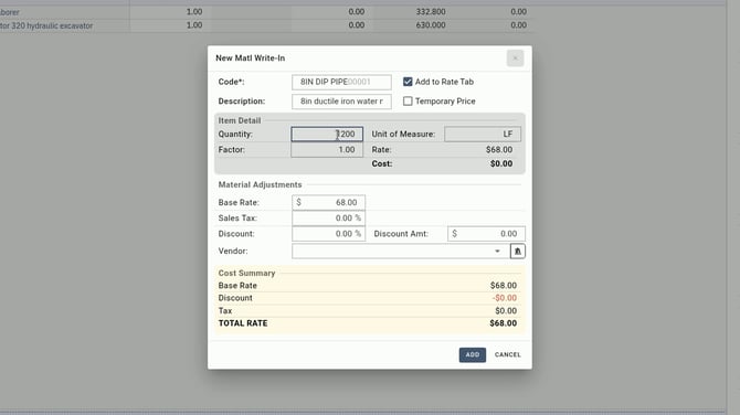 EL4 New Matl Write-In window for 8in DIP pipe at $68.00 per LF with Quantity 1,200 entered