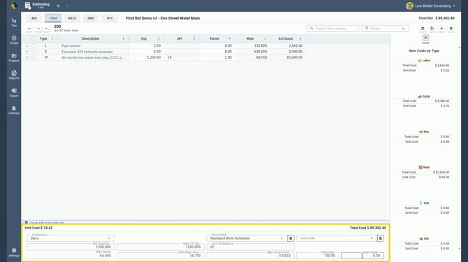 EL4 Item tab for item 200 with the production pane outlined: Days Reqd. 8, Units/Day 150, Man Hours 64, Unit Cost $74.42, Total Cost $89,302.40
