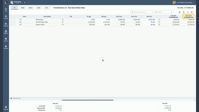 EL4 Bid tab with all three items costed and the Total Cost column header outlined at $110,902.40