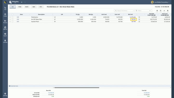 EL4 Bid tab grid with item 200's Bid Unit of 85.593 outlined next to Calc Unit 85.593