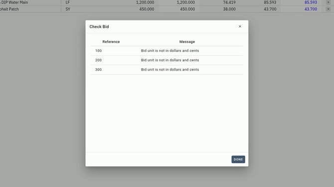 EL4 Check Bid window listing items 100, 200, and 300 with the message Bid unit is not in dollars and cents