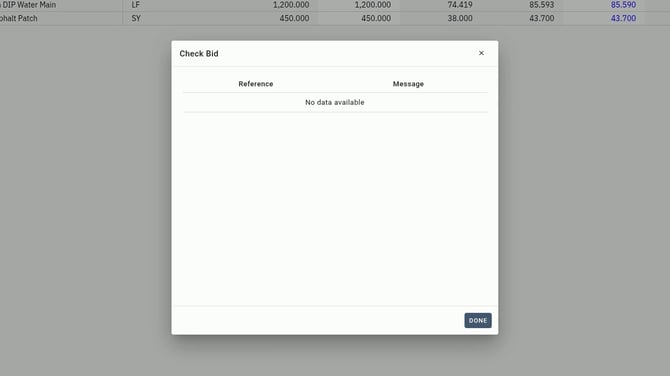 EL4 Check Bid window showing No data available, meaning the bid has no errors