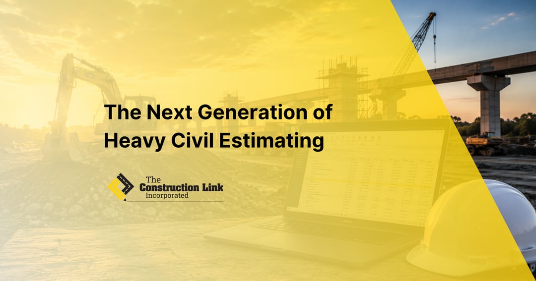 The Next Generation of Heavy Civil Estimating graphic featuring a bridge construction site and the TCLI logo.