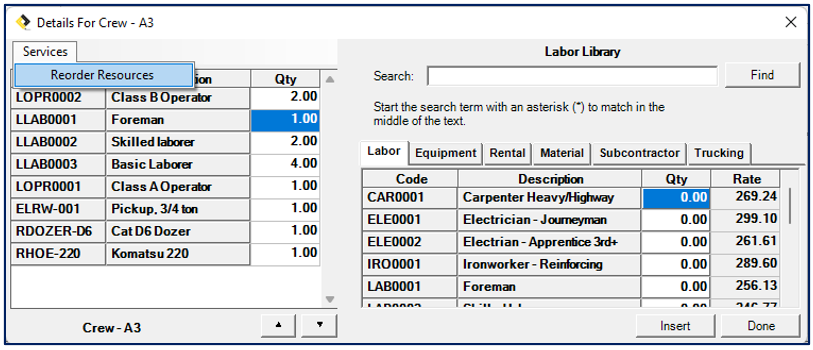screenshot of Estimating Link's crew setup in rate tables