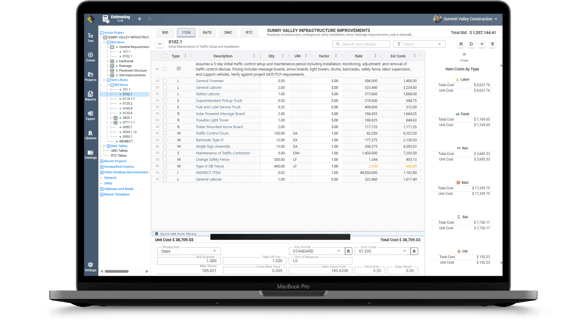 Production-based estimating software showing production rates, crew costs, and construction bid calculations