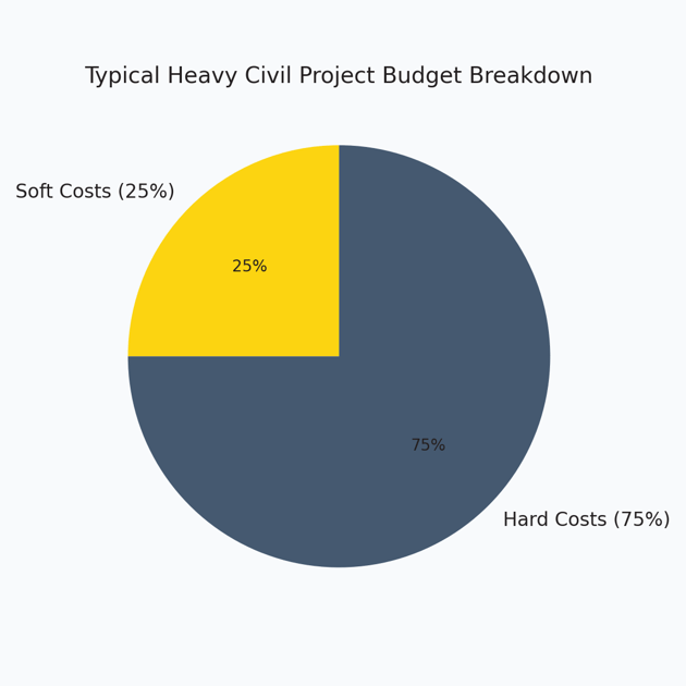 Pie chart showing typical heavy civil project budget: 25% soft costs such as engineering, permits, and management; 75% hard costs including materials, labor, and equipment.
