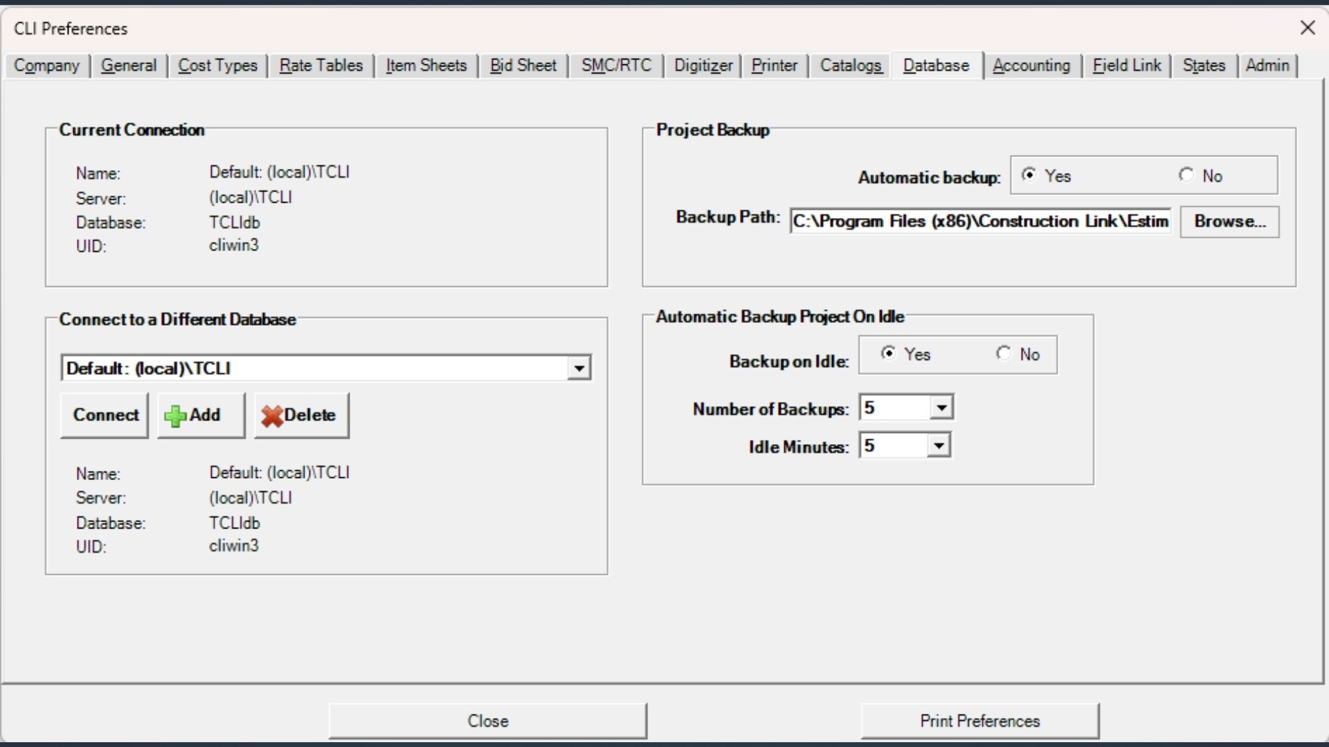 TCLI Estimating Link screenshot, database options
