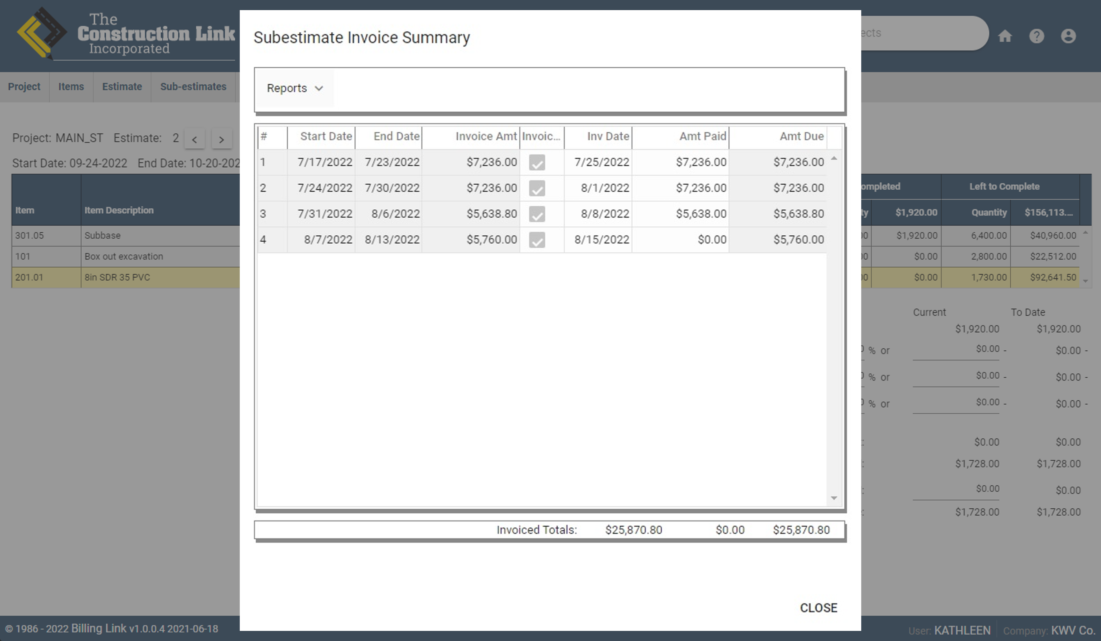 JF-Subestimate invoice summary