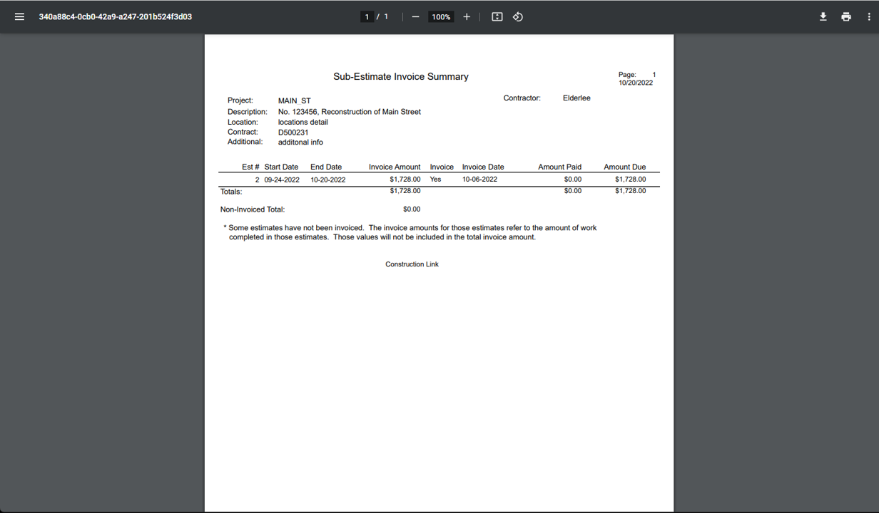 Sub-Estimate Invoice Summary