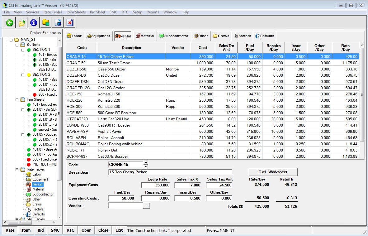 Rental Rate Table
