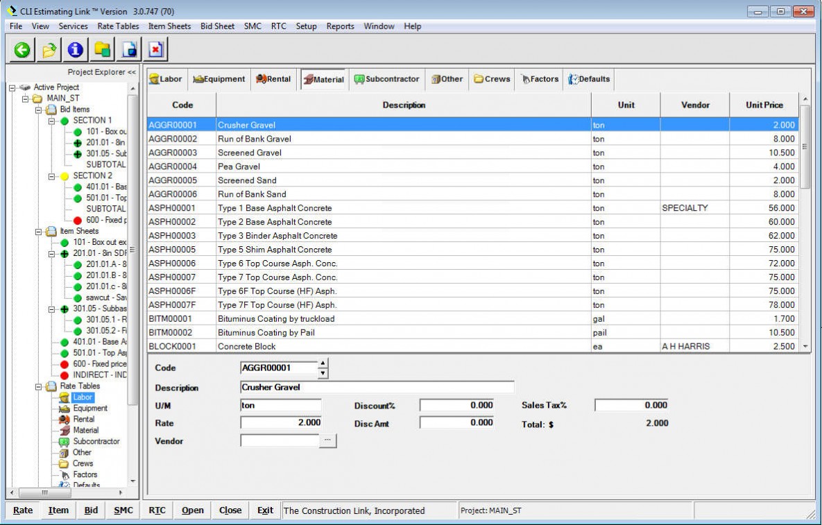 Material Rate Table