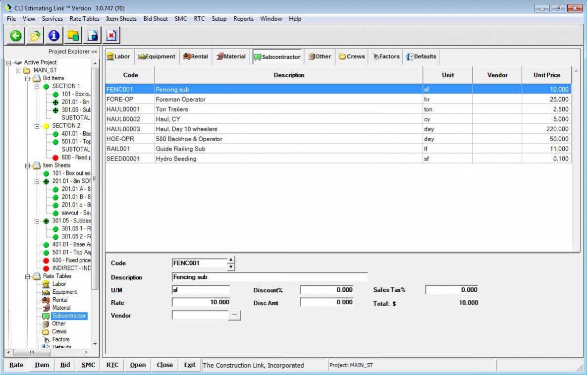 Subcontractor Rate Table