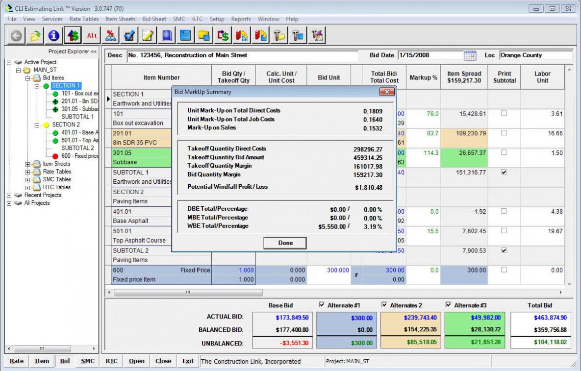 Bid Markup Summary Analysis