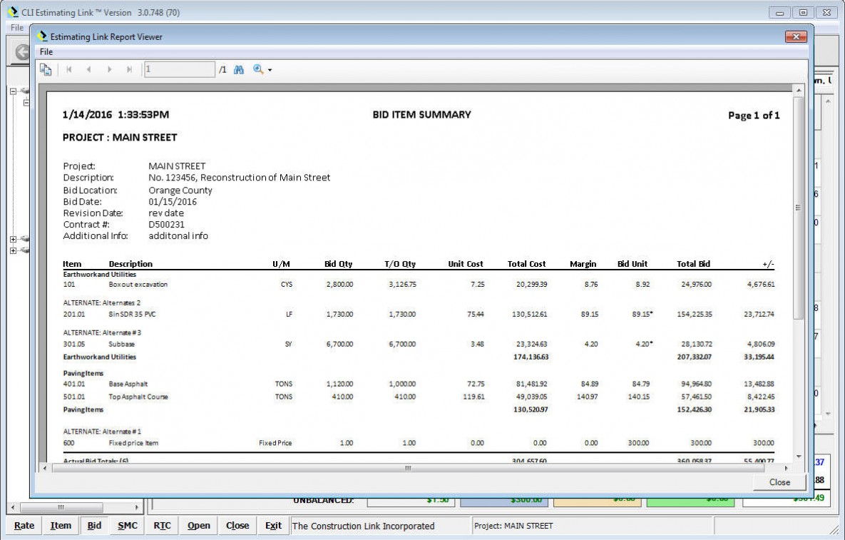 Bid Item Summary Report